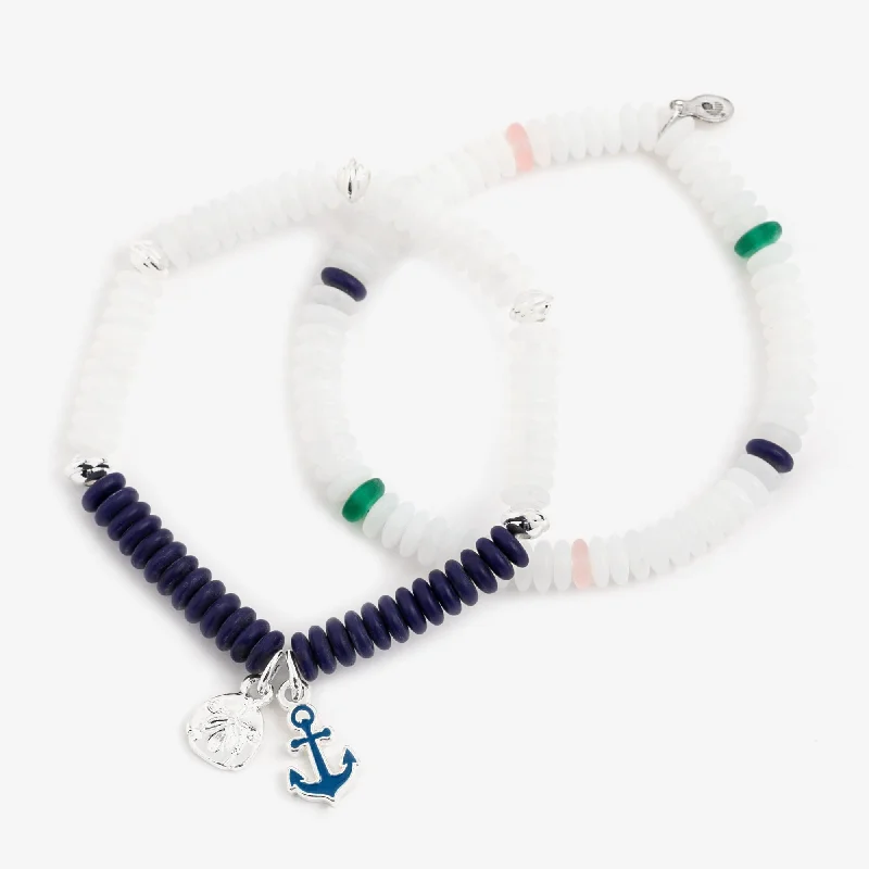 New Arrivals White Gold Ring Token of Protection Puka Stretch Bracelets, Set of 2