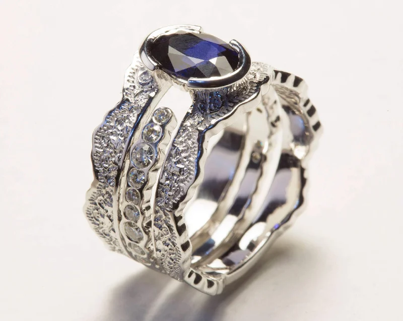 Massive Clearance Sale Stackable Bracelet Blue Sapphire and Diamond Lace Engagement Ring Set Massive Clearance Sale Stackable Bracelet Blue Sapphire and Diamond Lace Engagement Ring Set