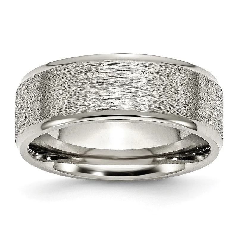 Don't Miss Your Chance Black Onyx Ring 8mm Stainless Steel Grain Finish Flat Center Polished Ridged Edge Band Don't Miss Your Chance Black Onyx Ring 8mm Stainless Steel Grain Finish Flat Center Polished Ridged Edge Band