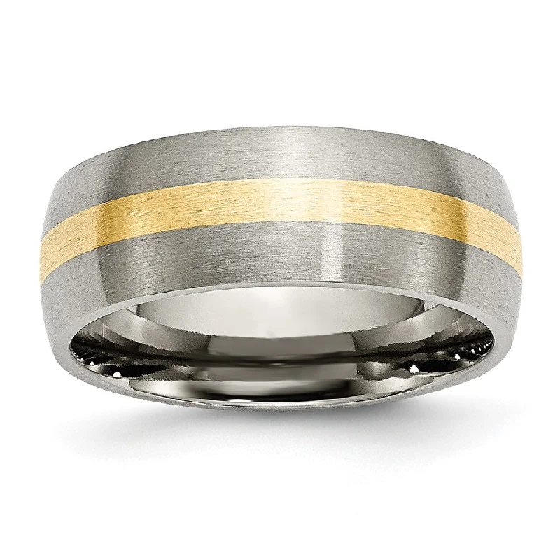 Shop Now, Save Big Bucks Classic Gold Ring 8mm Titanium & 14k Gold Inlay Brushed Domed Standard Fit Band Shop Now, Save Big Bucks Classic Gold Ring 8mm Titanium & 14k Gold Inlay Brushed Domed Standard Fit Band