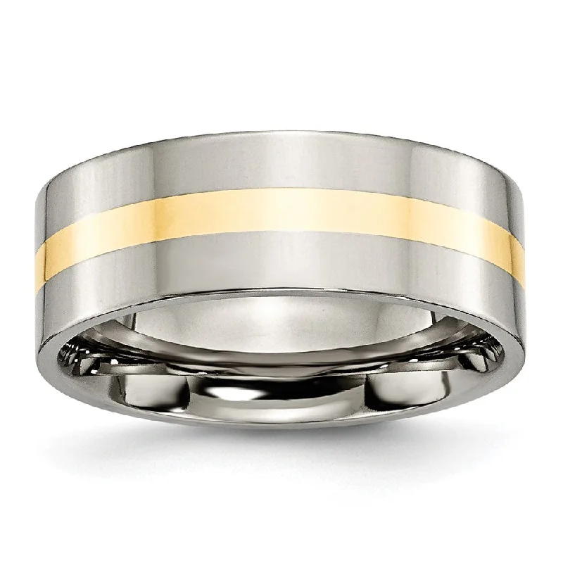 Clearance Sale, Steal Great Bargains Marquise Ring 8mm Titanium & 14k Gold Inlay Polished Flat Standard Fit Band Clearance Sale, Steal Great Bargains Marquise Ring 8mm Titanium & 14k Gold Inlay Polished Flat Standard Fit Band