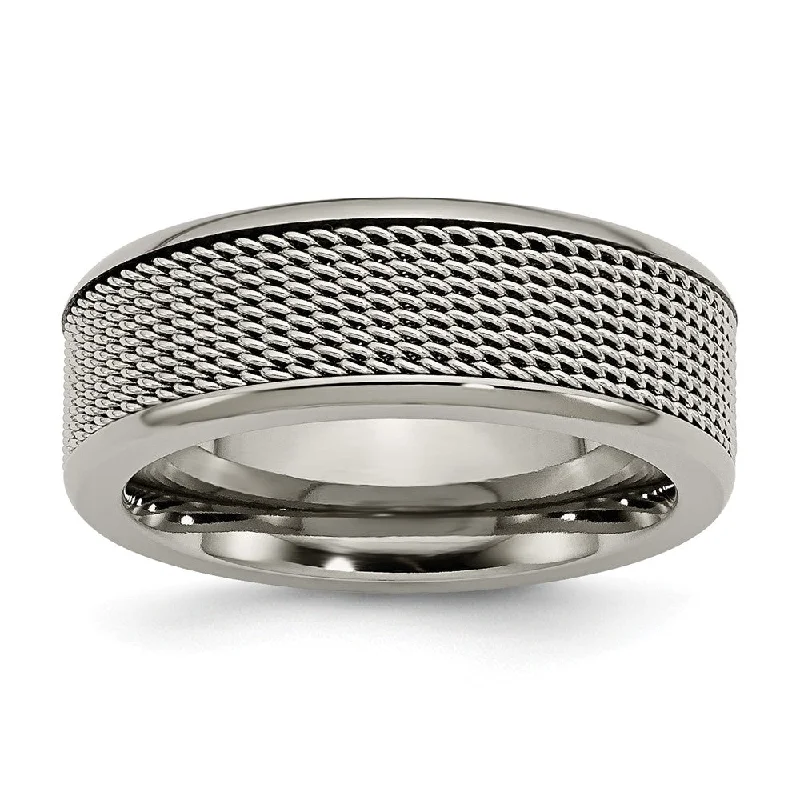 Be the First to Rock the Latest Trends Cross Pendant 8mm Titanium and Stainless Steel Polished Mesh Band Be the First to Rock the Latest Trends Cross Pendant 8mm Titanium and Stainless Steel Polished Mesh Band
