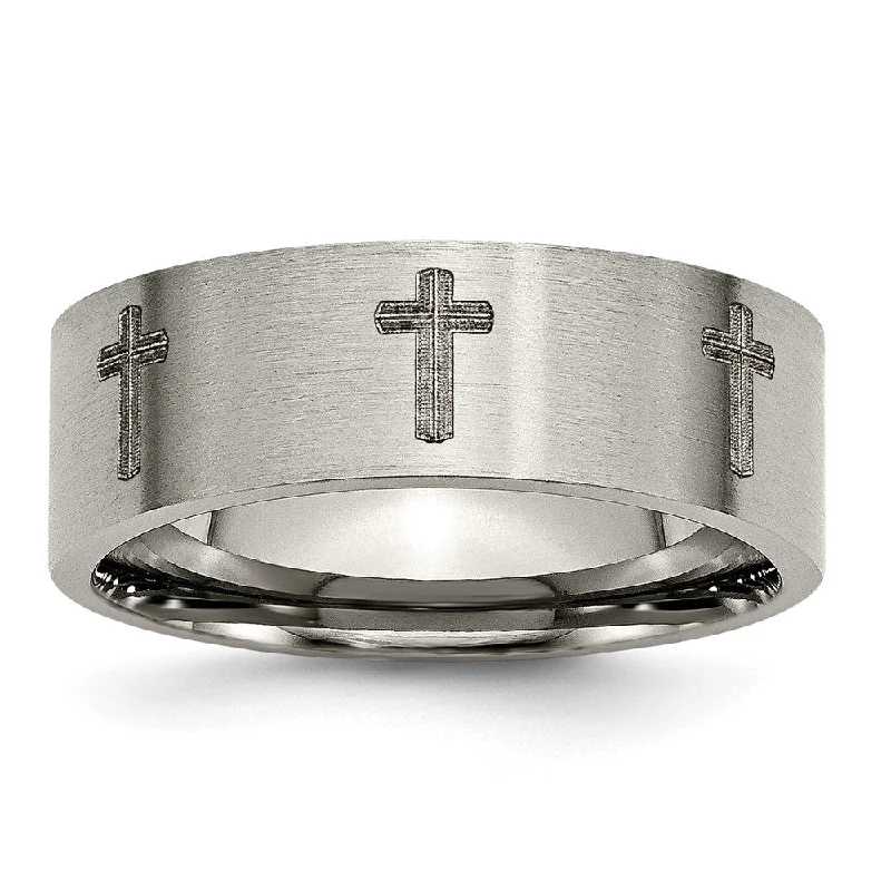 New Arrivals Crystal Pendant 8mm Titanium Brushed & Lasered Cross Flat Standard Fit Band New Arrivals Crystal Pendant 8mm Titanium Brushed & Lasered Cross Flat Standard Fit Band