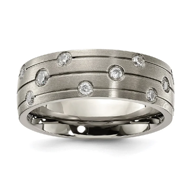 Exclusive Offers for Our Valued Customers Beautiful Jewelry 8mm Titanium & CZ Brushed & Grooved Standard Fit Band Exclusive Offers for Our Valued Customers Beautiful Jewelry 8mm Titanium & CZ Brushed & Grooved Standard Fit Band