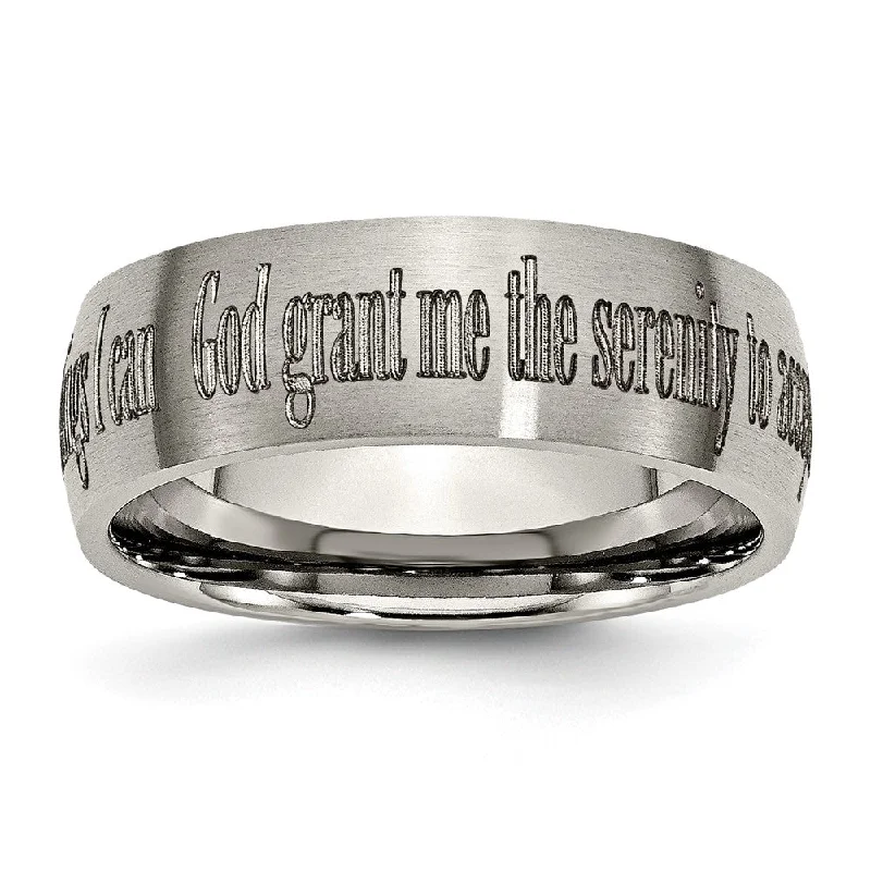 Flash Sale, Grab the Deals Fast Dainty Ring 8mm Titanium Domed Serenity Prayer Etched & Brushed Standard Fit Band Flash Sale, Grab the Deals Fast Dainty Ring 8mm Titanium Domed Serenity Prayer Etched & Brushed Standard Fit Band