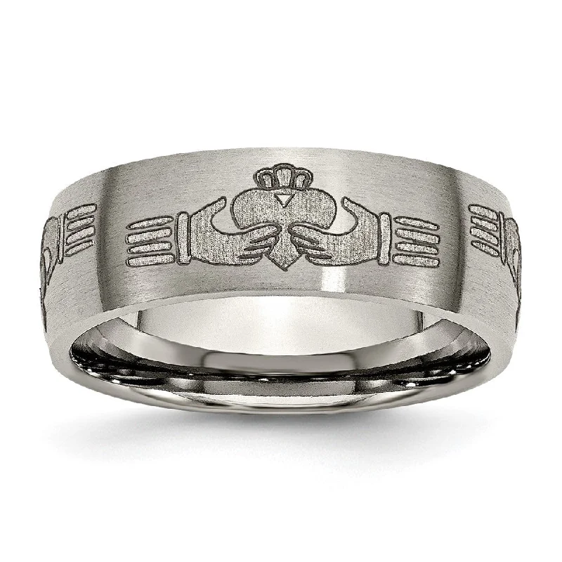 Don't Miss Your Chance Sapphire Pendant 8mm Titanium Etched & Brushed Claddagh Domed Standard Fit Band Don't Miss Your Chance Sapphire Pendant 8mm Titanium Etched & Brushed Claddagh Domed Standard Fit Band