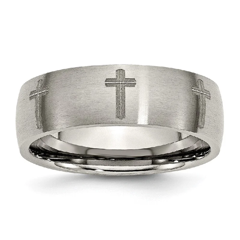 Shop Comfortably at Home Stylish Earrings 8mm Titanium Etched & Brushed Cross Domed Standard Fit Band Shop Comfortably at Home Stylish Earrings 8mm Titanium Etched & Brushed Cross Domed Standard Fit Band
