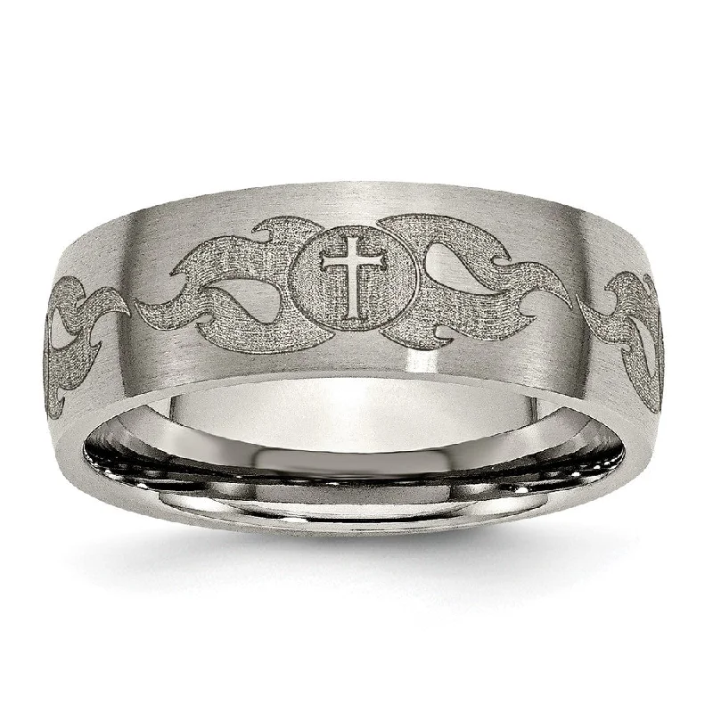 Massive Clearance Sale Square Cut Ring 8mm Titanium Etched/Brushed Cross & Flames Domed Standard Fit Band Massive Clearance Sale Square Cut Ring 8mm Titanium Etched/Brushed Cross & Flames Domed Standard Fit Band