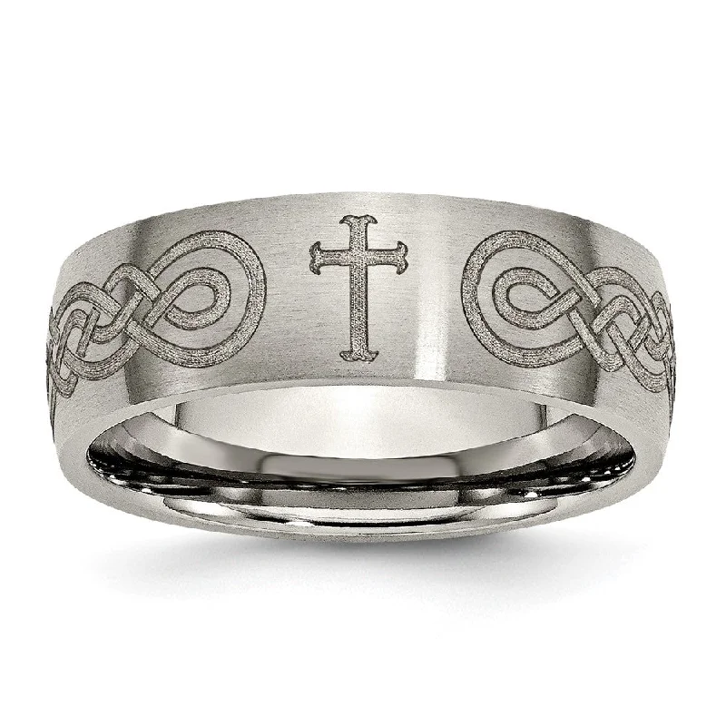 Big Savings, Big Smiles Emerald Cut Ring 8mm Titanium Etched/Brushed Cross/Scroll Domed Standard Fit Band Big Savings, Big Smiles Emerald Cut Ring 8mm Titanium Etched/Brushed Cross/Scroll Domed Standard Fit Band