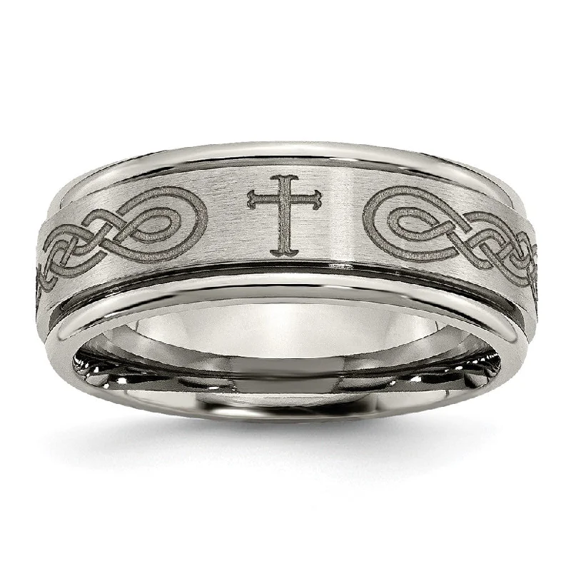 Limited - Time Offer White Gold Necklace 8mm Titanium Etched Cross & Scroll Grooved Edge Standard Fit Band Limited - Time Offer White Gold Necklace 8mm Titanium Etched Cross & Scroll Grooved Edge Standard Fit Band