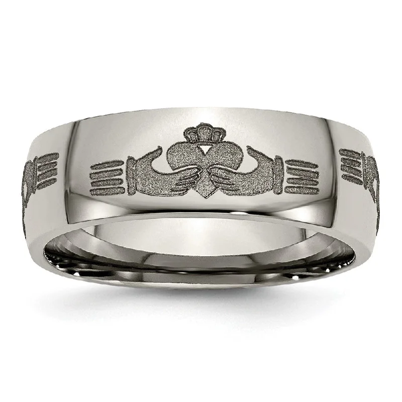Exclusive Members - Only Sale Heart Locket 8mm Titanium Etched & Polished Claddagh Domed Standard Fit Band Exclusive Members - Only Sale Heart Locket 8mm Titanium Etched & Polished Claddagh Domed Standard Fit Band