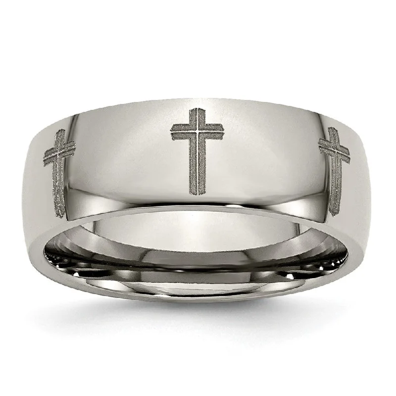 Flash Sale Tennis Necklace 8mm Titanium Etched & Polished Cross Domed Standard Fit Band Flash Sale Tennis Necklace 8mm Titanium Etched & Polished Cross Domed Standard Fit Band