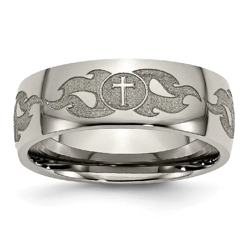 Limited Time, Unlimited Deals Huggie Earrings 8mm Titanium Etched/Polished Cross & Flames Domed Standard Fit Band Limited Time, Unlimited Deals Huggie Earrings 8mm Titanium Etched/Polished Cross & Flames Domed Standard Fit Band