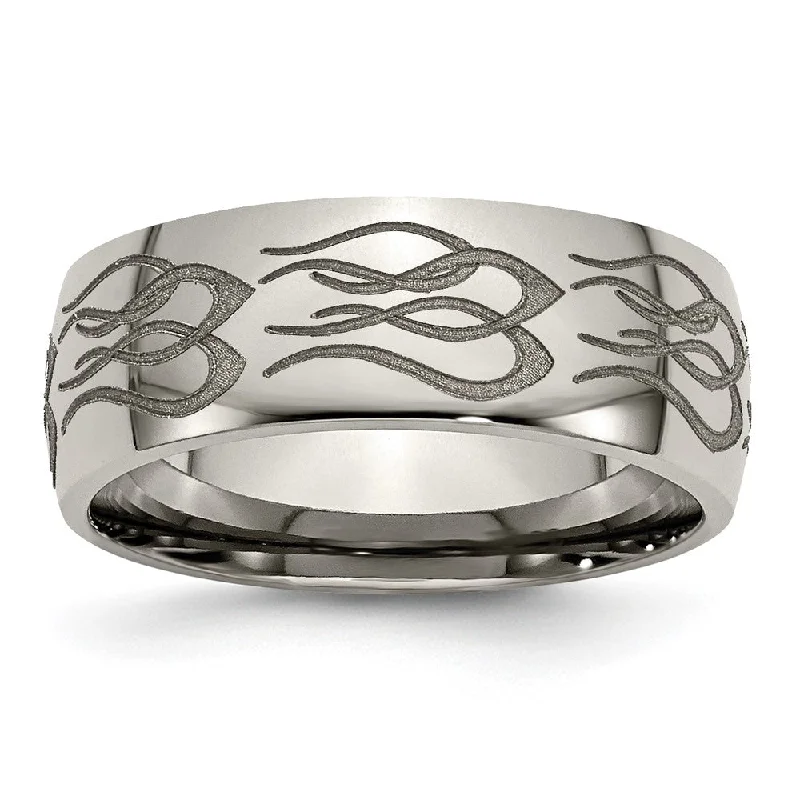 New Arrivals Onyx Bracelet 8mm Titanium Etched & Polished Flames Domed Standard Fit Band New Arrivals Onyx Bracelet 8mm Titanium Etched & Polished Flames Domed Standard Fit Band