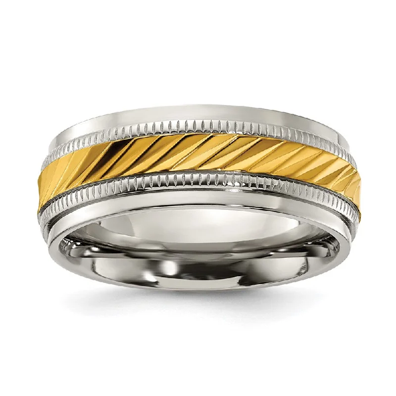 Limited - Edition Collections Now on Sale Personalized Bracelet 8mm Titanium & Gold Tone Plated Grooved Standard Fit Band Limited - Edition Collections Now on Sale Personalized Bracelet 8mm Titanium & Gold Tone Plated Grooved Standard Fit Band