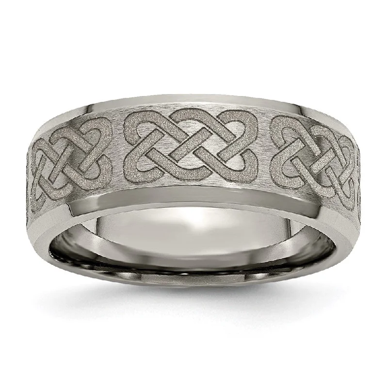 Clearance Sale, Steal Great Bargains Bold Fashion Jewelry 8mm Titanium Laser Etched Celtic Design Beveled Edge Standard Fit Band Clearance Sale, Steal Great Bargains Bold Fashion Jewelry 8mm Titanium Laser Etched Celtic Design Beveled Edge Standard Fit Band