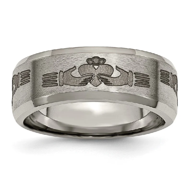 Flash Sale, Grab the Deals Fast Personalized Jewelry 8mm Titanium Laser Etched Claddagh Beveled Standard Fit Band Flash Sale, Grab the Deals Fast Personalized Jewelry 8mm Titanium Laser Etched Claddagh Beveled Standard Fit Band
