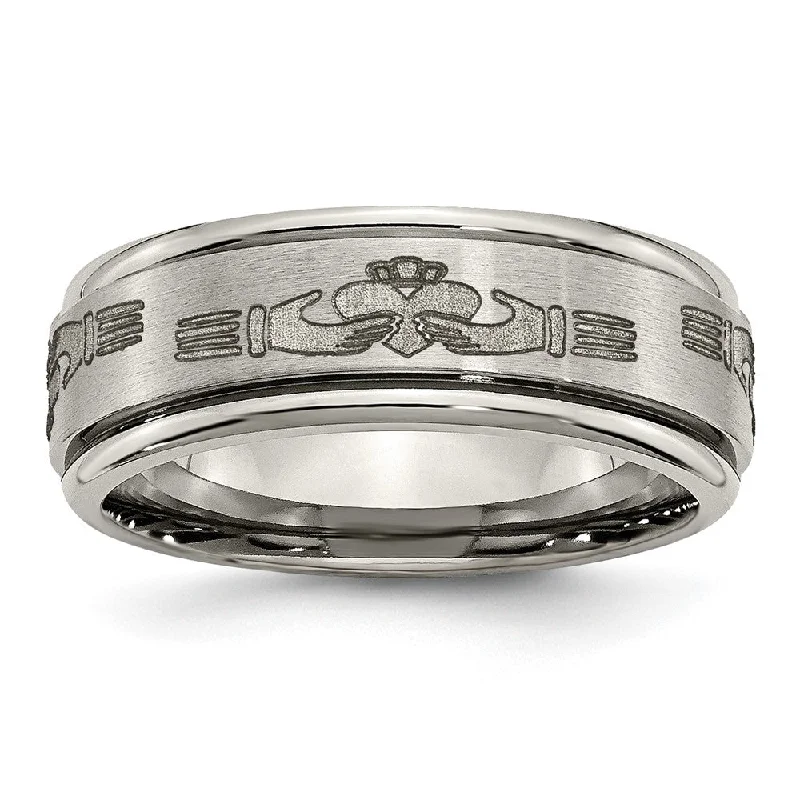 Exclusive Offers for Our Valued Customers Sun Pendant 8mm Titanium Laser Etched Claddagh Grooved Edge Standard Fit Band Exclusive Offers for Our Valued Customers Sun Pendant 8mm Titanium Laser Etched Claddagh Grooved Edge Standard Fit Band