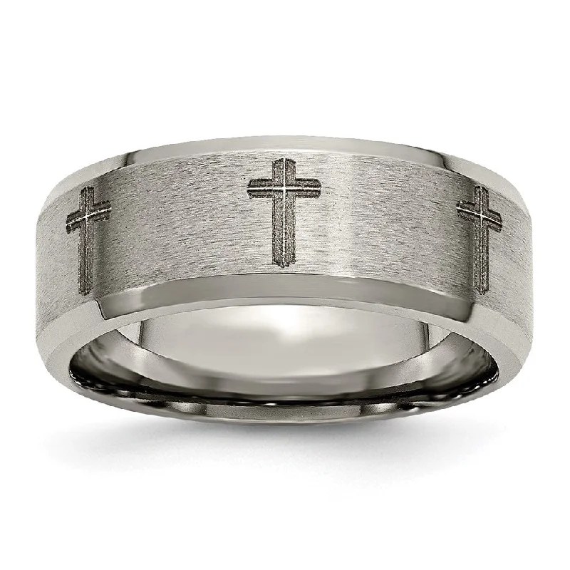 Limited - Edition Collections Now on Sale Opal Ring 8mm Titanium Laser Etched Cross Beveled Edge Standard Fit Band Limited - Edition Collections Now on Sale Opal Ring 8mm Titanium Laser Etched Cross Beveled Edge Standard Fit Band
