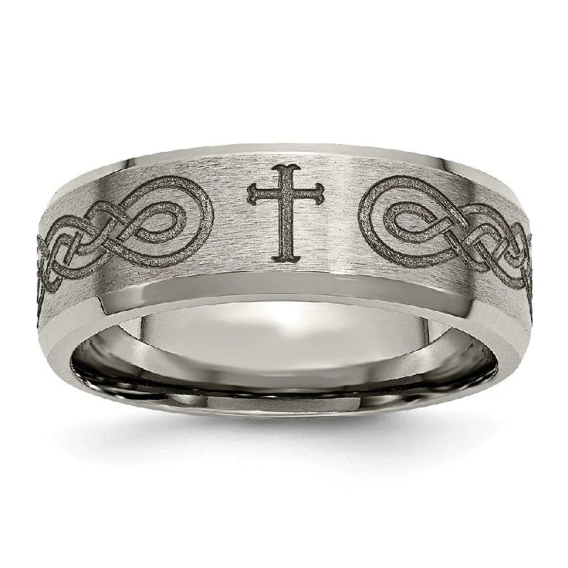 Season - End Clearance Gold Choker 8mm Titanium Laser Etched Cross & Scroll Beveled Standard Fit Band Season - End Clearance Gold Choker 8mm Titanium Laser Etched Cross & Scroll Beveled Standard Fit Band