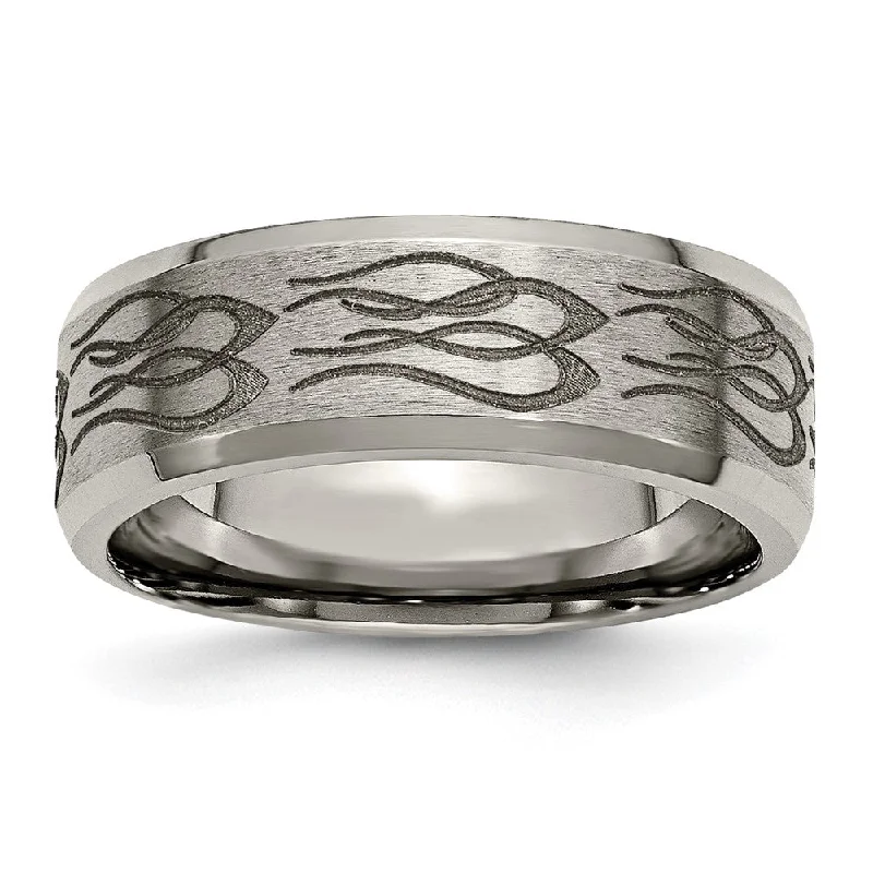 Shop Comfortably at Home Elegant Pendant 8mm Titanium Laser Etched Flames Beveled Edge Standard Fit Band Shop Comfortably at Home Elegant Pendant 8mm Titanium Laser Etched Flames Beveled Edge Standard Fit Band