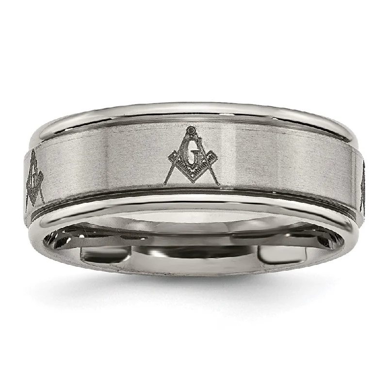 New Arrivals on Discount Round Cut Ring 8mm Titanium Laser Etched Masonic Grooved Edge Standard Fit Band New Arrivals on Discount Round Cut Ring 8mm Titanium Laser Etched Masonic Grooved Edge Standard Fit Band