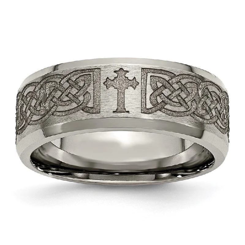 Be the First to Rock the Latest Trends Bohemian Necklace 8mm Titanium Lasered Celtic Cross Beveled Edge Standard Fit Band Be the First to Rock the Latest Trends Bohemian Necklace 8mm Titanium Lasered Celtic Cross Beveled Edge Standard Fit Band