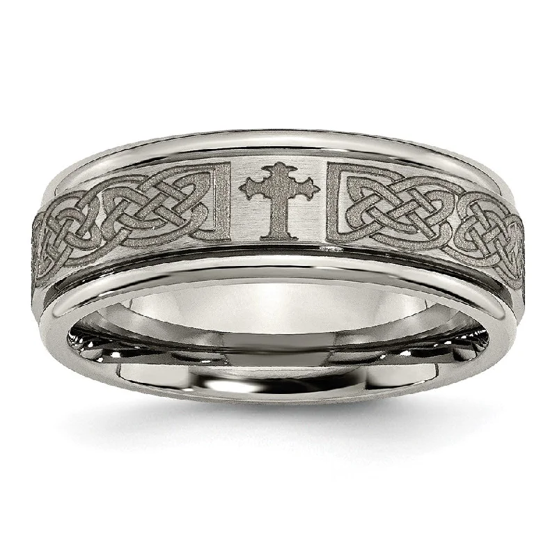 Exclusive Members - Only Sale Black Pearl Necklace 8mm Titanium Lasered Celtic Cross Grooved Edge Standard Fit Band Exclusive Members - Only Sale Black Pearl Necklace 8mm Titanium Lasered Celtic Cross Grooved Edge Standard Fit Band