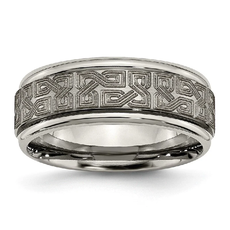 Limited - Time Offer Elegant Ring 8mm Titanium Lasered Greek Key Grooved Edge Standard Fit Band