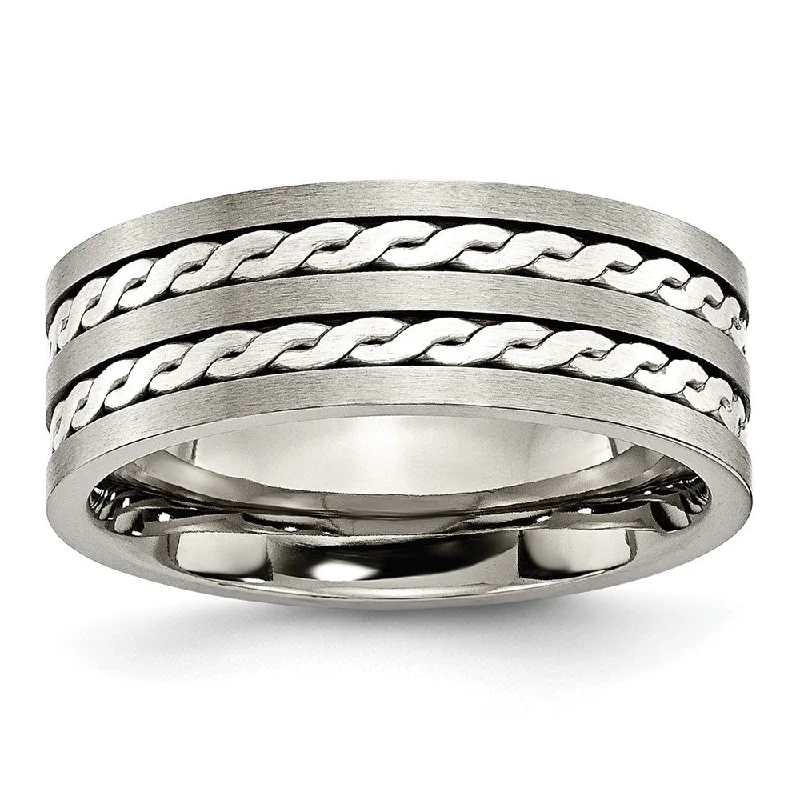 Don't Miss Your Chance Solitaire Ring 8mm Titanium & Sterling Silver Braided Inlay Flat Comfort Fit Band Don't Miss Your Chance Solitaire Ring 8mm Titanium & Sterling Silver Braided Inlay Flat Comfort Fit Band