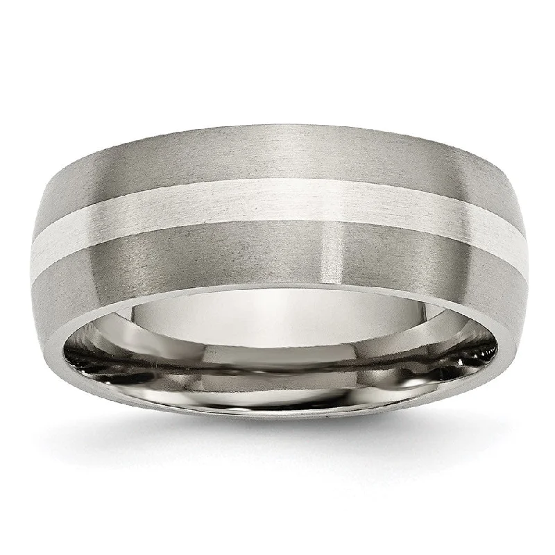 Shop Comfortably at Home Stackable Jewelry 8mm Titanium & Sterling Silver Brushed Domed Standard Fit Band Shop Comfortably at Home Stackable Jewelry 8mm Titanium & Sterling Silver Brushed Domed Standard Fit Band