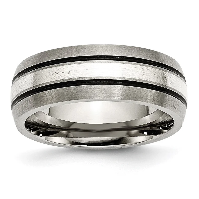 Black Friday - Style Deals All Week Long Twisted Band Ring 8mm Titanium & Sterling Silver Inlay Antiqued/Brushed Grooved Band Black Friday - Style Deals All Week Long Twisted Band Ring 8mm Titanium & Sterling Silver Inlay Antiqued/Brushed Grooved Band