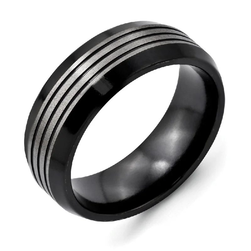 Unbeatable Savings Await Gold Necklace 8mm Two-Tone Striped Beveled Edge Band in Black Titanium Unbeatable Savings Await Gold Necklace 8mm Two-Tone Striped Beveled Edge Band in Black Titanium