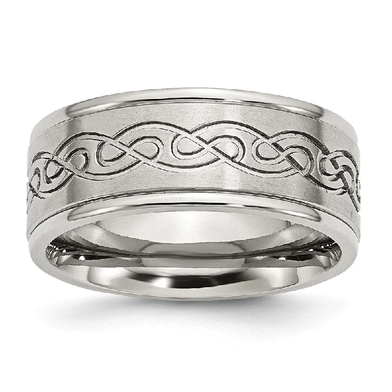 Shop Now, Save Big Bucks Wedding Band 9mm Stainless Steel Scroll Design Ridged Edge Comfort Fit Band Shop Now, Save Big Bucks Wedding Band 9mm Stainless Steel Scroll Design Ridged Edge Comfort Fit Band