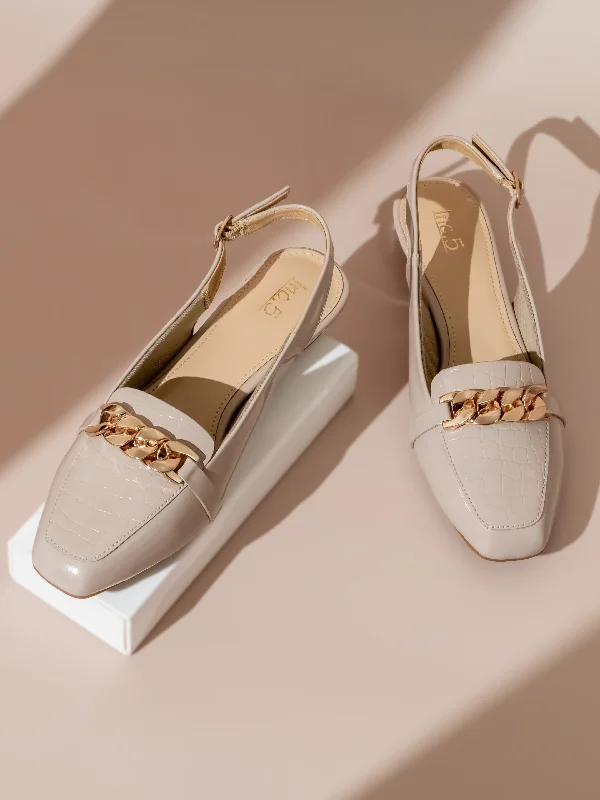 Comfortable Work Sneakers Women Beige Textured Block Mules with Chain Buckles