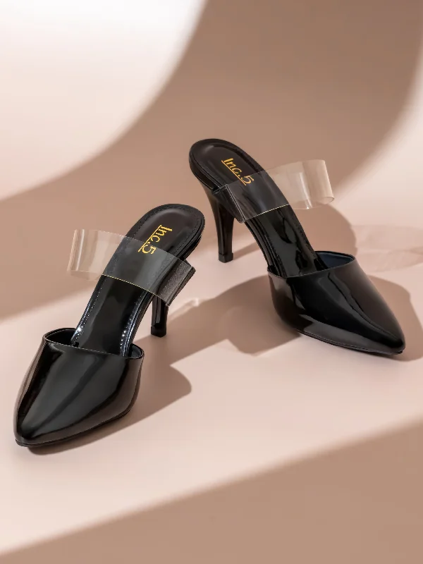 Slip-On Winter Shoes Women Black Embellished Party Slim Heel Mules