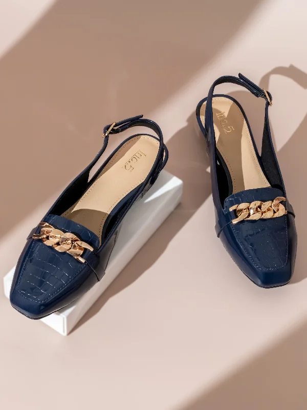 Casual Walking Boots Women Navy Textured Block Mules with Chain Buckles