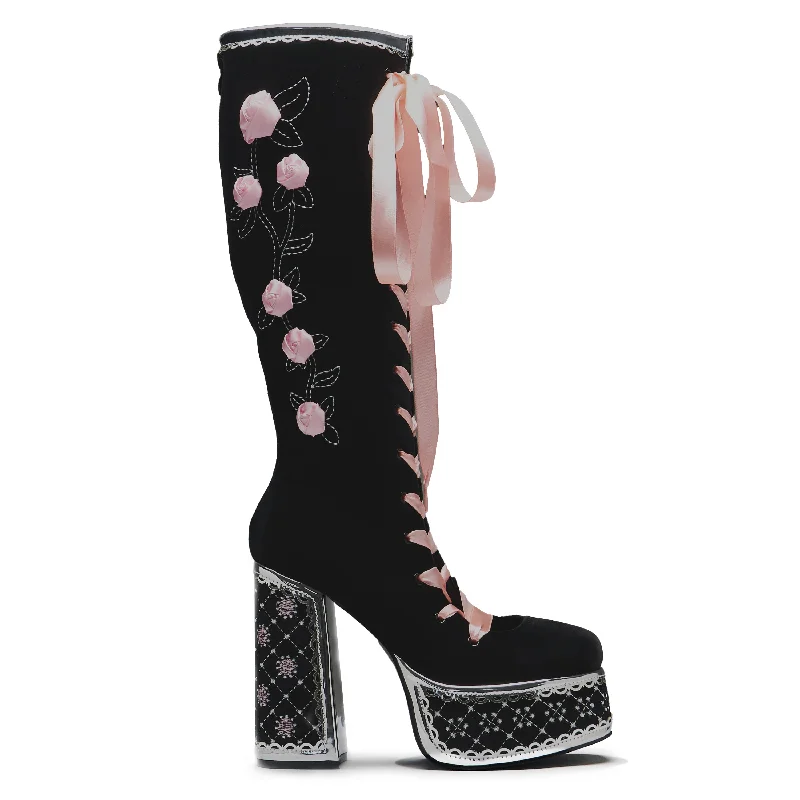 Comfortable Hiking Shoes Guiltless Ghost Lace Up Platform Long Boots - Black