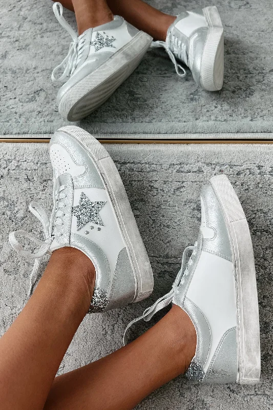 Sporty Snow Boots Counting Constellations Metallic Star Sneakers (Silver)