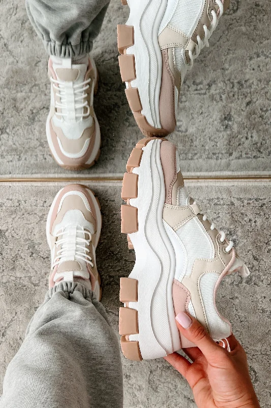 Trendy Sports Footwear Ready To Bounce Chunky Platform Sneakers (Beige/Pink)