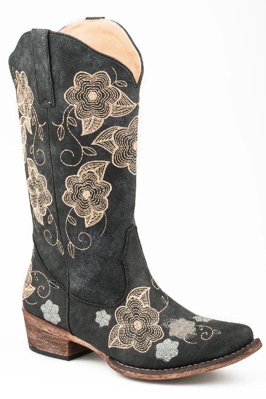 Trendy Casual Shoes Roper Womens Black Faux Leather Riley Flowers Cowboy Boots